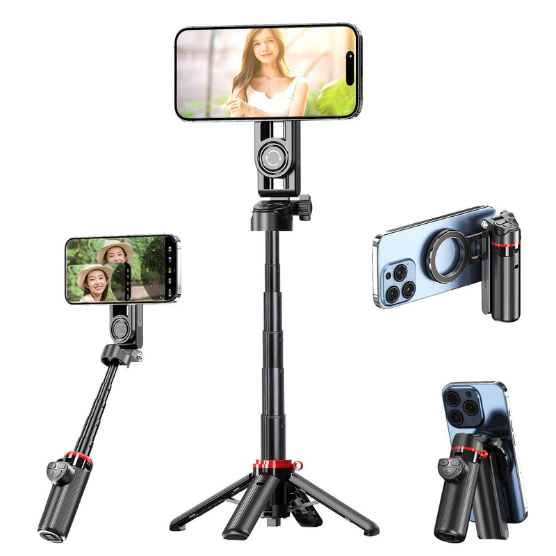 Koolehaoda Magnetic Mini Selfie Stick for MagSafe 4 in 1 Phone Tripod | Extendable Stand with Detachable Phone Clip Wireless Remote Portable Pocket Size for iPhone Android Foldable Compact Travel