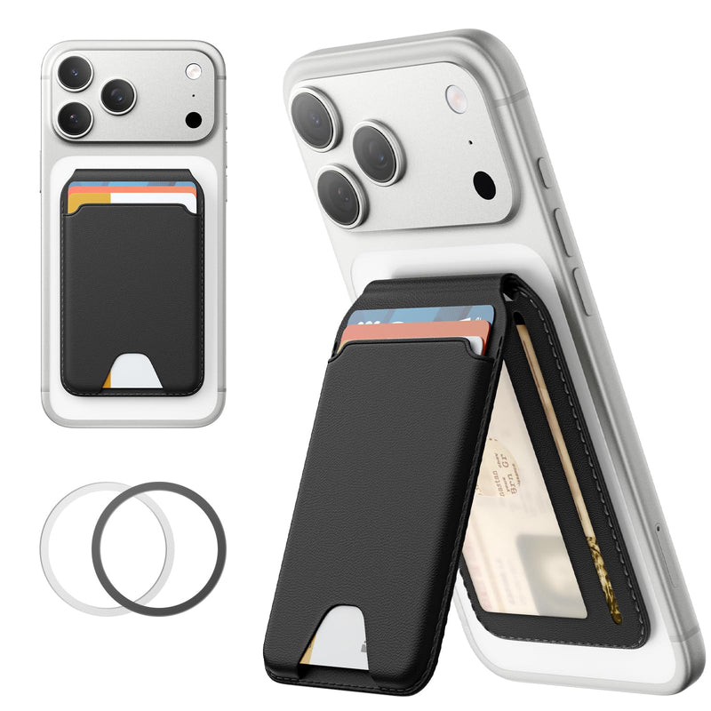 Symcele for MagSafe Wallet with Adjustable Stand, 5 Card Holder, Black | with RFID Blocking, MagSafe Ring Included, Strong Magnetic Wallet for iPhone 17/16/15/14/13/12 Series Pro Max Plus, Samsung
