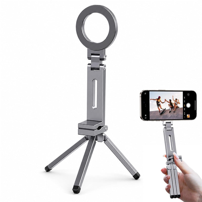 MagSafe Tripod 360 Foldable Aluminum | For MagSafe and Non MagSafe Phones, Portable Tripod with N52 Magnet, 38mm Clamp for Airplane Gym Desk, 2 Metal Rings