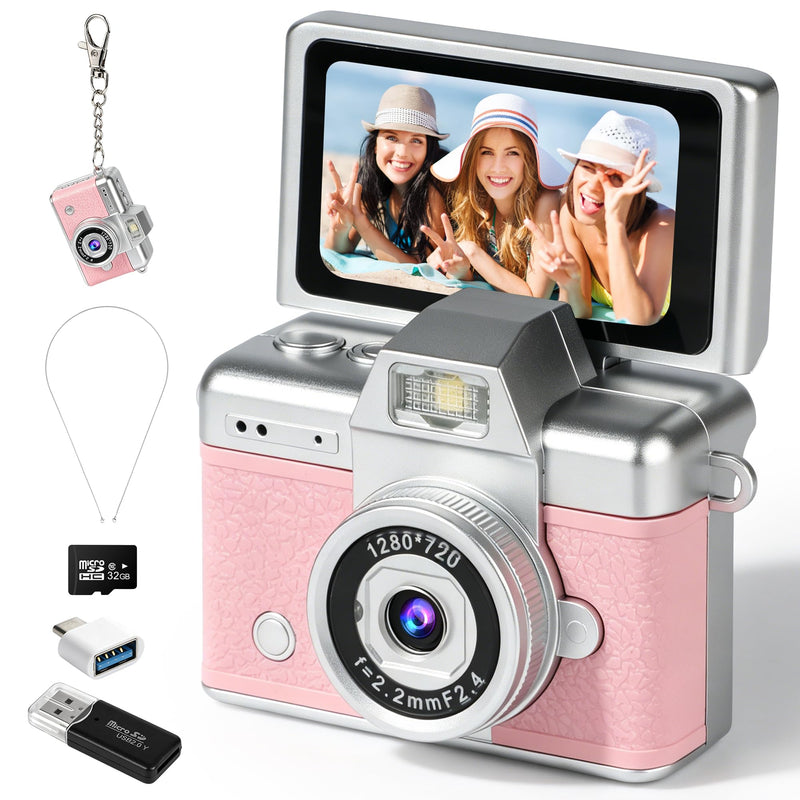 Mini Flip Screen Digital Camera, 1.47 Inch Pocket Retro Camera with USB-C Charging, 1080P/720P Video, MicroSD Support Up to 128GB, Portable Keychain Camera (Pink) Pink