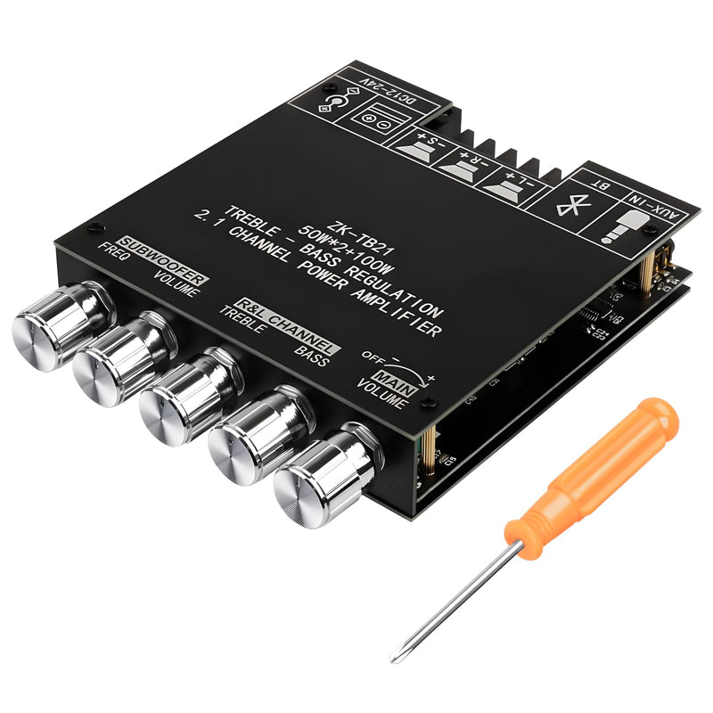 ZK-TB21 2.1 Channel Bluetooth Amplifier Board – 50W×2 + 100W Subwoofer, APP Control, Treble/Bass & Subwoofer Freq Adjustment, TPA3116D2, DC 12-24V, BT 5.0/AUX for DIY Home Speakers 50w*2+100w AMP