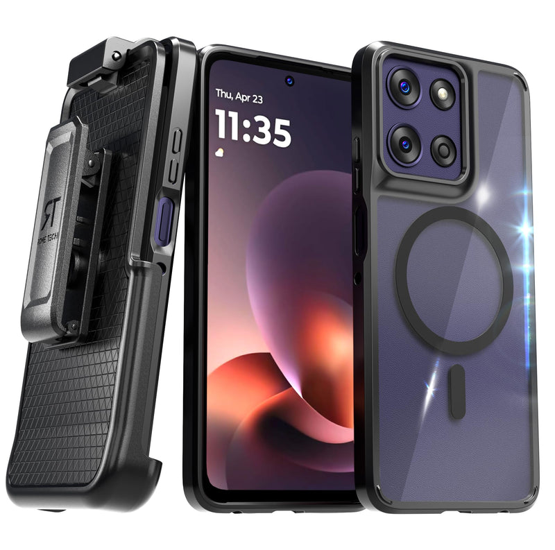 Designed for Moto G Power 2026 and 2025 Case with Belt Clip Holster | Transparent Full-Body Protective Cover with Built-in Magnet - Clear & Black Clear&Black