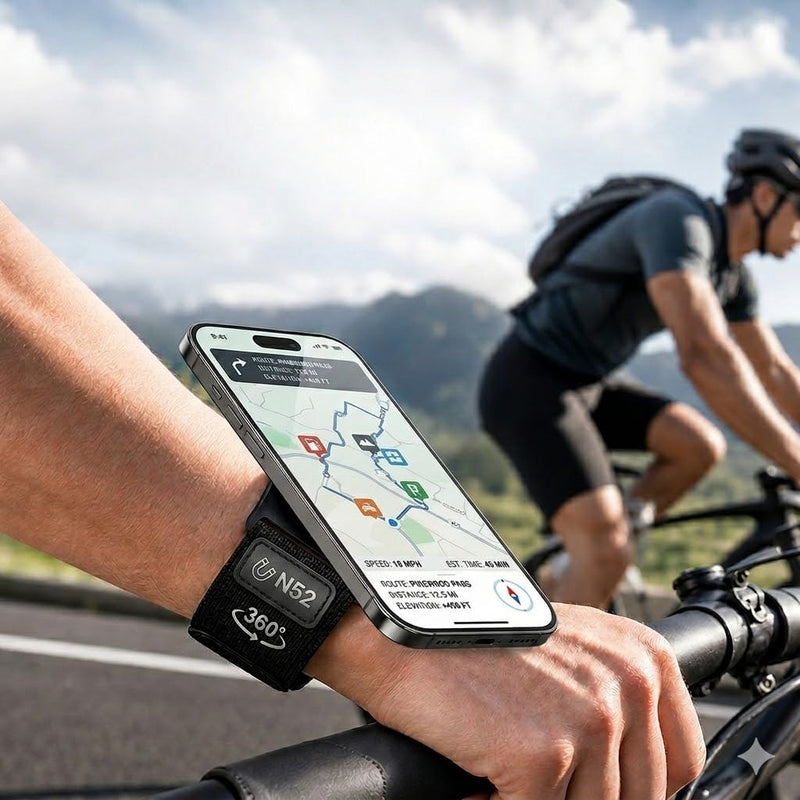 YUEVEXOA Magnetic Phone Wristband Mount, 360° Rotatable Sports Armband Forearm Cell Phone Holder with Selfie Mirror, N52 Magnet Wrist Strap for Cycling Navigation, Running（Black） black out