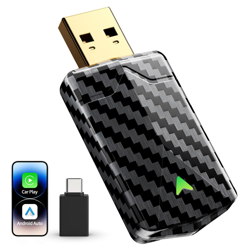 Carbon Fiber Wireless Android Auto & CarPlay Adapter, Wired to Wireless | Auto Reconnect, Fast Stable on Rough Roads, Gold-Plated USB, Mini Design, Easy to Use, Plug & Play with OEM Wired Cars 2016+ Carbon