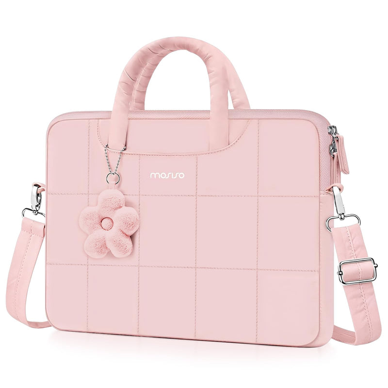 MOSISO Laptop Bag 16 inch, 15-15.6 inch Puffy Laptop Sleeve | Compatible with MacBook Pro 16/Air 15,HP Acer Dell, Messenger Briefcase Quilted Bag with Trolley Sleeve&Flower Pendant, Pink 15.6 inch