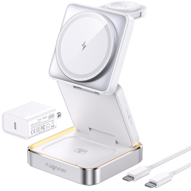 Augnner 25W 3-in-1 Charging Station for Apple Device, White Foldable Magnetic Wireless Charger, Fast Travel Charging Stand for iPhone17/16/15/14/13/12 Series, Apple Watch/AirPods