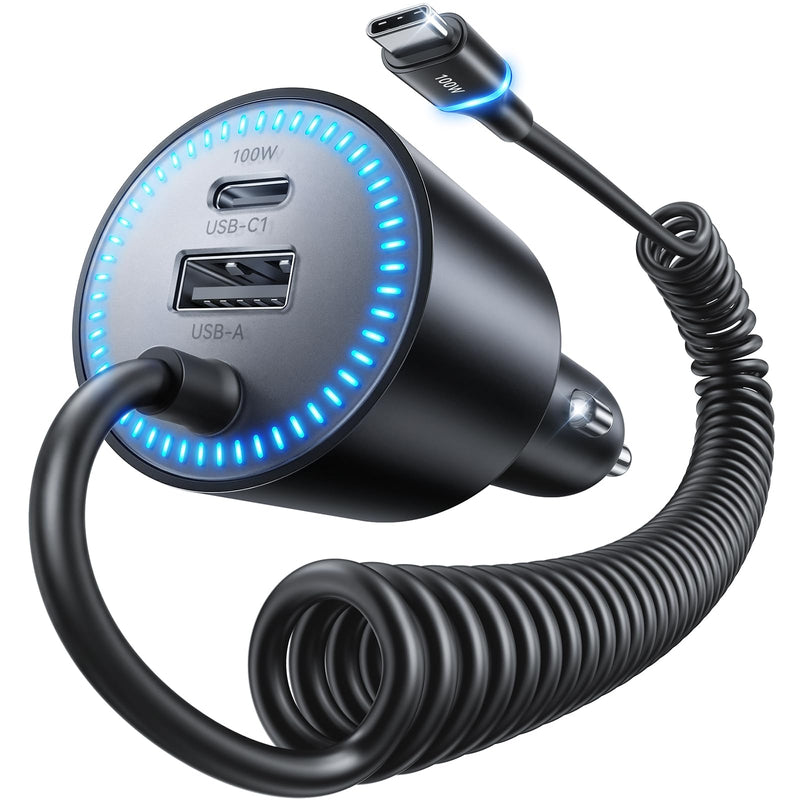 Rocoren 200W USB‑C Fast Car Charger, 5.2Ft Coiled Cable for Laptops & Phone | Super Fast Charging Travel Essentials for iPhone 17/16/15 Pro Max, MacBook Pro Air, Samsung S26/S25, iPad Pro