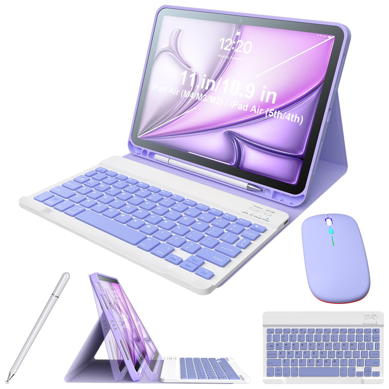 for iPad Air 11"/Air 5/4 Keyboard Case with Detachable Keyboard & Pencil Holder, Bonus Stylus Pen and Mouse, Folio Cover Compatible with Air 11" (M2/M3/M4 2024/2025/2026), Air 5/Air 4 (Purple) Purple