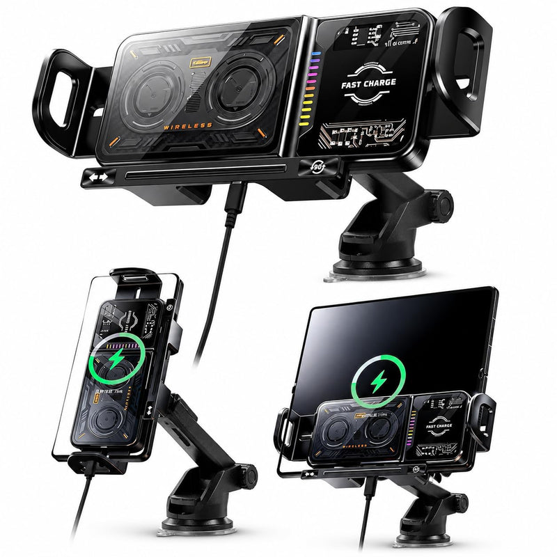 Wireless Car Charger, 2026 Upgrade 15W Fast Charging with LED Light Auto Clamping Phone Holder for iPhone 16/15/14/13 Mini Pro Max, Samsung Galaxy S25 Ultra, S24/S23 etc (Suction Cup)