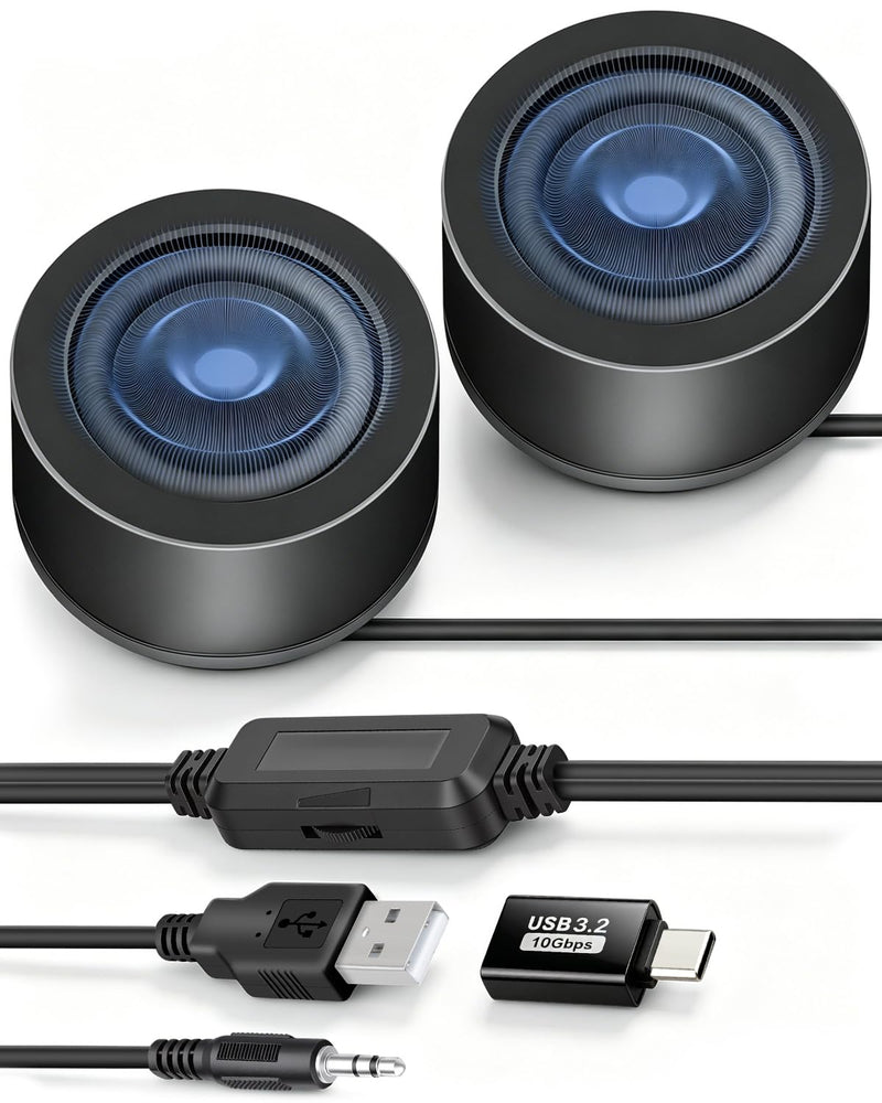 6W 3.5MM MINI Computer Speaker for Desktop(1.3M) | Small PC Speaker,MINI Computer Speakers USB Power with USB C Adapter and Volume Control for Monitor,Laptop,Phone,MP3