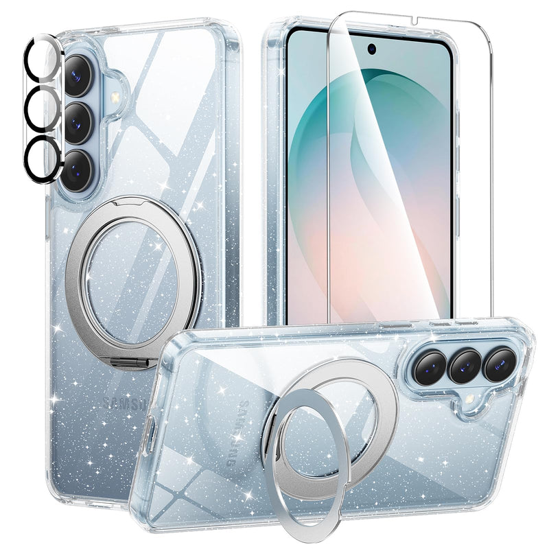 360°Ring Stand for Samsung Galaxy S26 Plus Case 6.7", Clear Glitter Stand | Includes Screen and Camera Lens Protectors*1,Fit for MagSafe, Anti-Yellowing & Scratch-Resistant Back A2-Clear Glitter Stand for S26 Plus