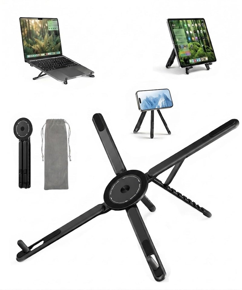 3-in-1 Laptop Stand with Magnetic Phone Holder, 8-Level Adjustable Ergonomic Aluminum Riser, Portable Computer Stand for Desk, Compatible with 10-17" MacBook & Laptops, iPhone 12-16 with MagSafe