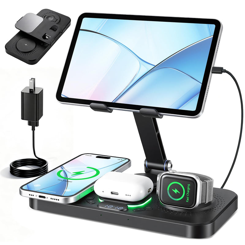 30W Charging Station for Apple Multiple Devices,Foldable Wireless Charger | 6 in 1 Magnetic Charger Station with Clock-7 RGB Light,Wired Charging Stand for iPhone17/iPad/Tablet/Apple Watch/AirPods