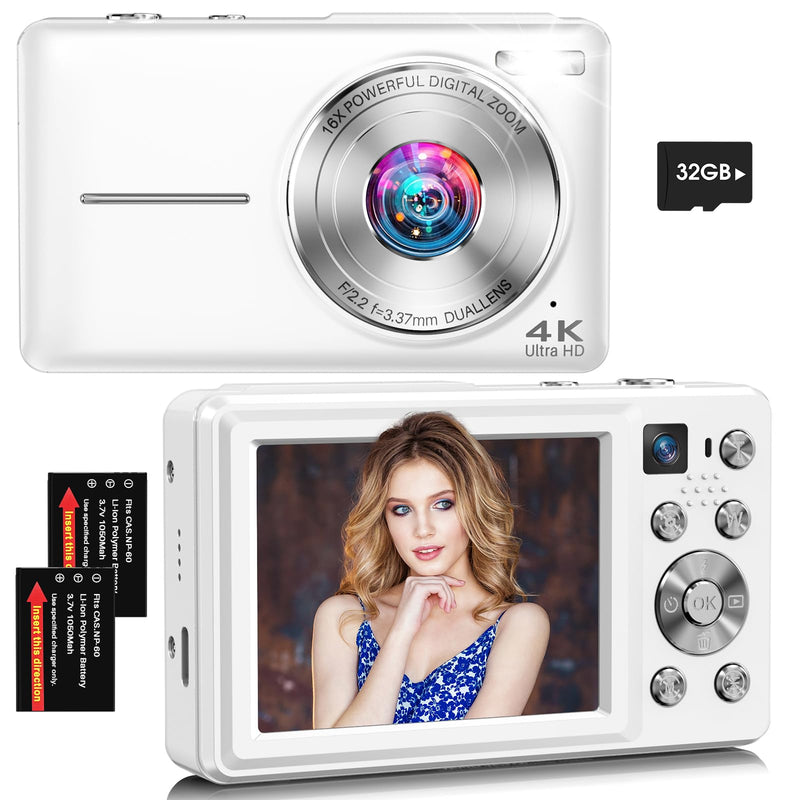 Digital Camera, 4K 64MP Autofocus 16X Zoom Camera with Dual Lens(White) | 2026 Latest Anti-Shake Point Shoot Camera, Compact Travel Vlogging Camera for Teens Adults Beginner, 32GB Card, 2 Batteries White