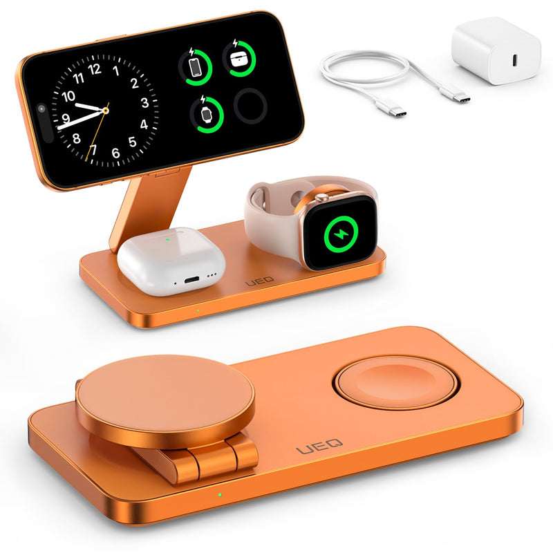 UEQ Foldable 3 in 1 Wireless Charging Station for Apple Mag Safe Charger Stand,Fast Magnetic Wireless Charger Station for iPhone 17 Air 16 15 14 13 12 Series,Airpods Pro,Apple Watch Ultra (Orange) Orange