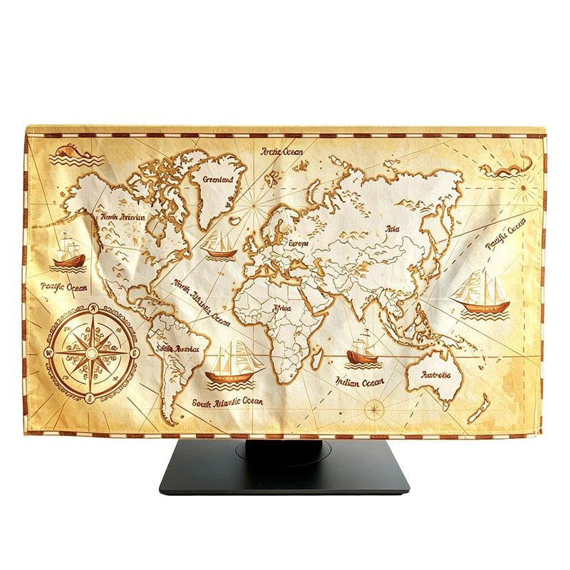 Retro World Map Print Indoor Computer Dust Proof Cover Soft Suede Fabric Slipcover Protection Screen Display From Scratches, Dirts, Fingerprint, Sunlight, 24in