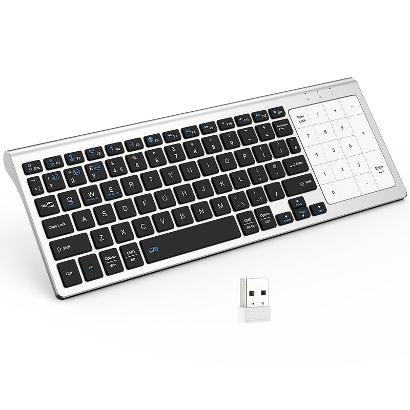 SOPPY Multi-Device Wireless Keyboard with Numeric Touchpad, Mini Bluetooth Keyboard, Stainless Steel Slim Wireless Keyboard with USB Receiver for MacBook/iPad/Tablet/PC/Laptop, QWERTY US Layout