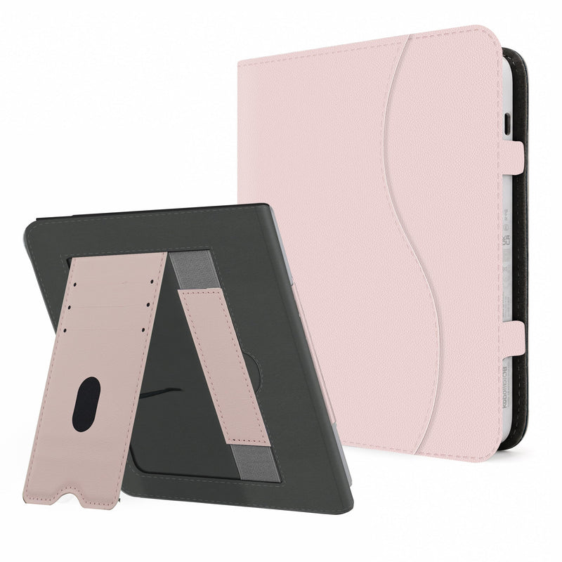 Case for 7" Kobo Libra Colour 2 with Stand and Hand Strap (Pink) | Back‑Attach Magnetic Cover, Auto Wake/Sleep, Front Pocket, Card Slots, PU Leather, for Table Reading, Relive Wrist Strain Pink