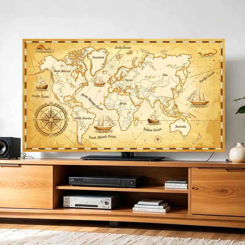 Retro World Map Print Indoor TV Dust Proof Cover Soft Suede Fabric Slipcover Protection Screen Display From Scratches, Dirts, Fingerprint, Sunlight, 43in