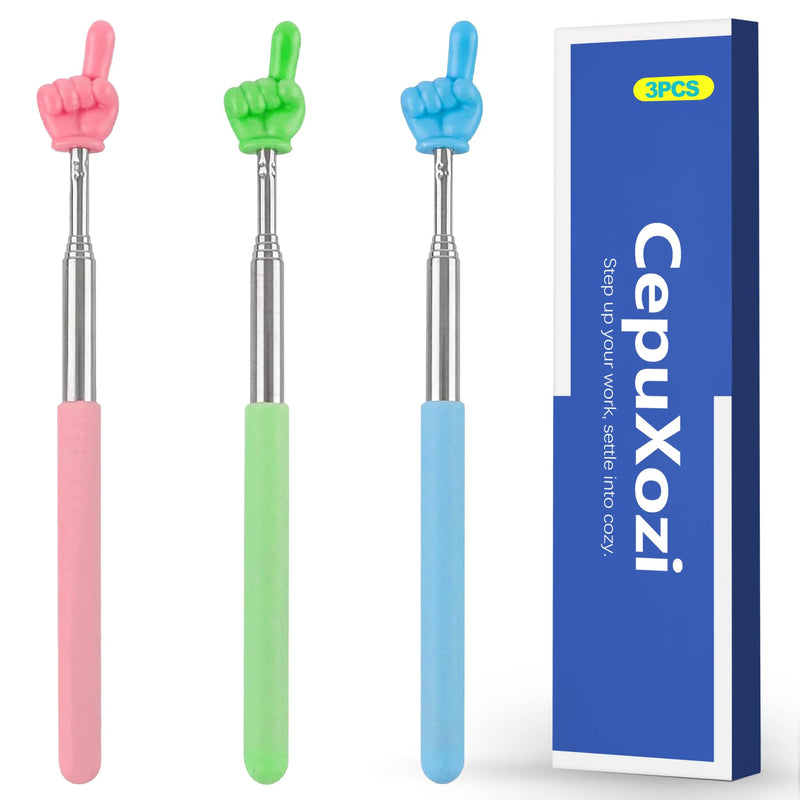 3 Pack Retractable Teacher Pointer Stick, Telescoping Extendable Finger Pointing Stick for Classroom Kids Reading, Collapsible Hand Pointer for School, Social Distancing Stick Green Pink Blue