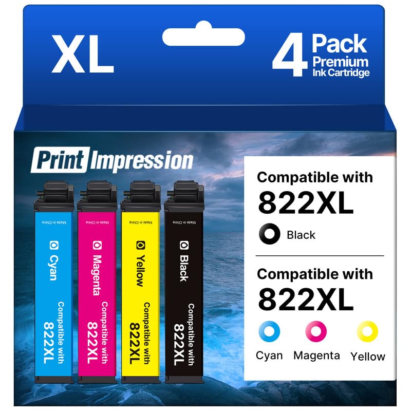 Remanufactured for 822XL Ink Cartridges Work with Epson 822 Ink Cartridges | Replacement for Epson 822XL Compatible for Epson WF-3820 Printer Ink Cartridges Workforce Pro WF-4820 WF-4830 WF-3823 WF-4834 replacement for epson 822 ink cartridges 4 pack