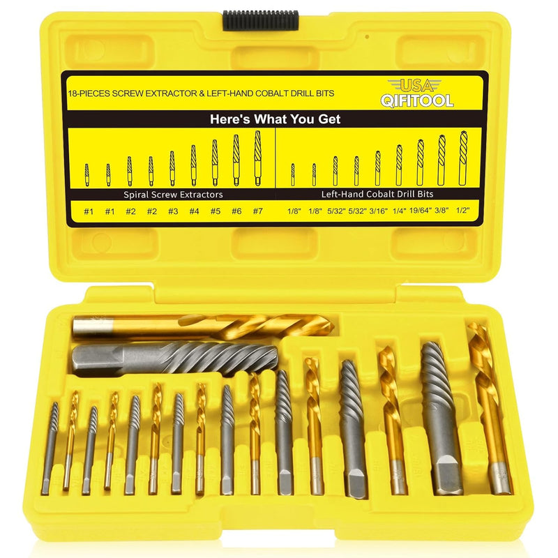 18PCS Screw Extractor Set, 37# Cr-Mo & 6542 HSS Steel Cobalt Left-Hand Drill Bit, Easy Out Broken Bolt Remover Reverse, Ez Out Stripped, Rounded-Off, Damaged Bolts, Screws&Studs Removal Tool(Yellow) 18pcs yellow LF