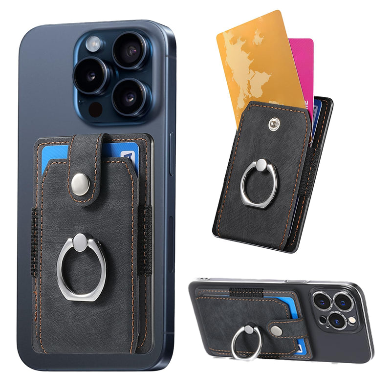 Adhesive Phone Card Holder Wallet with 360° Ring Stand-Black ﻿ | Black stick-on card pouch holds up to 3 daily cards with snap closure, ring grip and kickstand for smooth flat phone backs