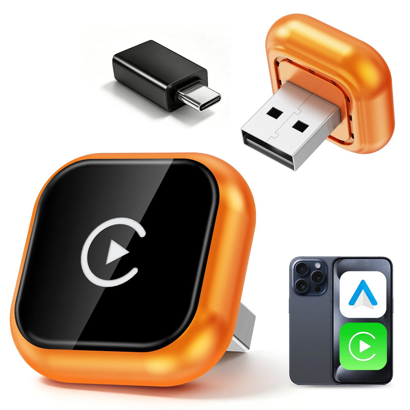 Wireless CarPlay Adapter & Android Auto Adapter, 2 in 1 Wired to Wireless CarPlay Dongle for iPhone & Android, Mini Plug & Play, Stable & No Latency, for iOS 10+ Android 11+ 2016+ Cars (Orange)