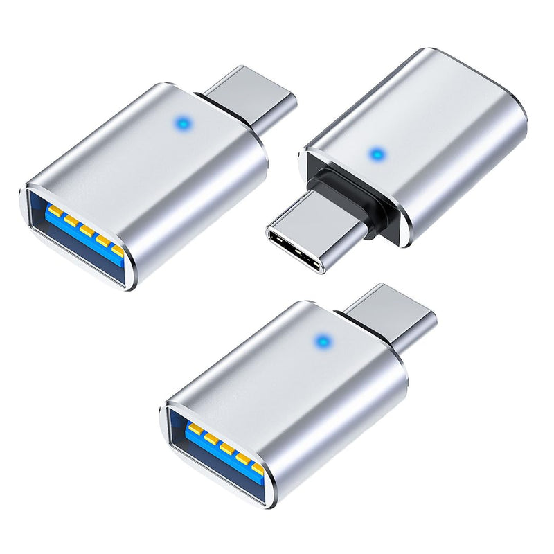 USB C to USB A 3.0 OTG Adapter, Silver, 3 Pack for Data Devices | Instantly connect keyboards or flash drives to your laptop or phone. LED indicator confirms sync status. Compact space-saver. 3-Pack