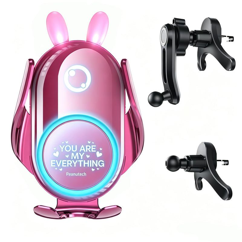 Auto Clamp Wireless Charging Car Mount, Pink Cute Rabbit Car Phone Holder | Automatic Clamp Cell Phone Mount, Hands-Free Fast Charger Cradle for Vehicle Pink Rabbit