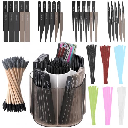 Lasnten 131 Pcs Sanding Sticks Set 360 Degree Rotating Holder 40 Polishing Sticks 30 Sanding Twigs 60 Double Side Slanted Twigs for Plastic Models Jewelry Woodworking Hobby Arts Crafts (Fashionable) Fashionable