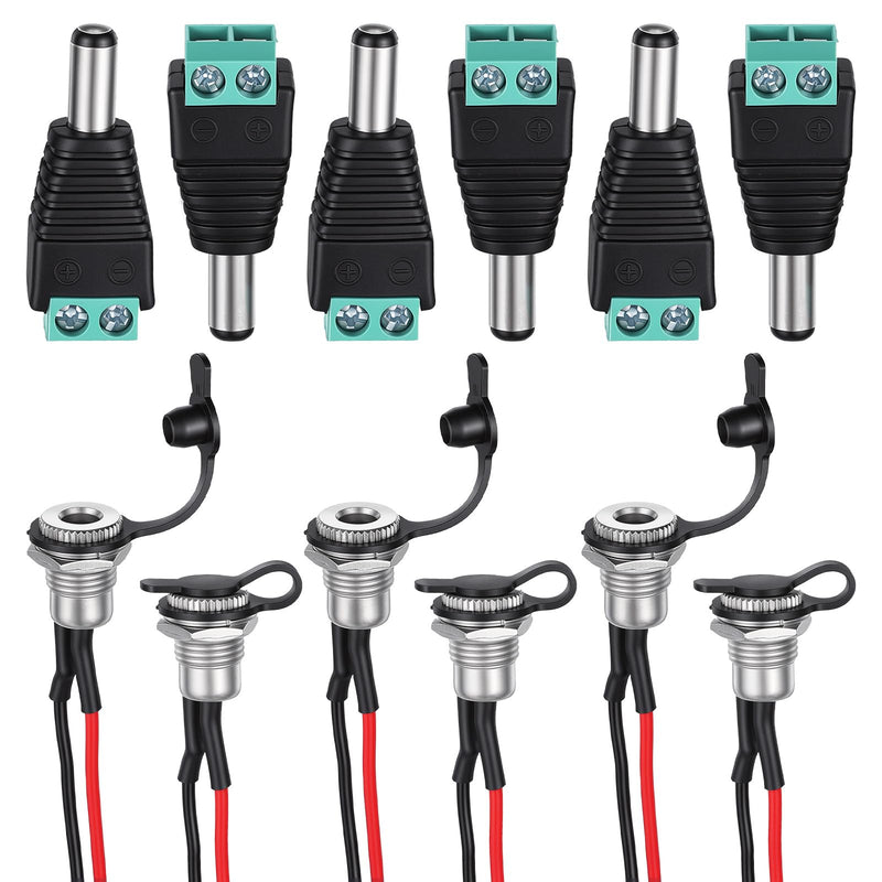 6 PCS 5.5x2.1Mm Dc Power Jack Set, Pre-Wired Female Dc-Power Jack 5.5 X 2.1 Mm Male Dc Connector Plug Battery Powers Mount Connector Adapter for Audio Video DIY Appliances