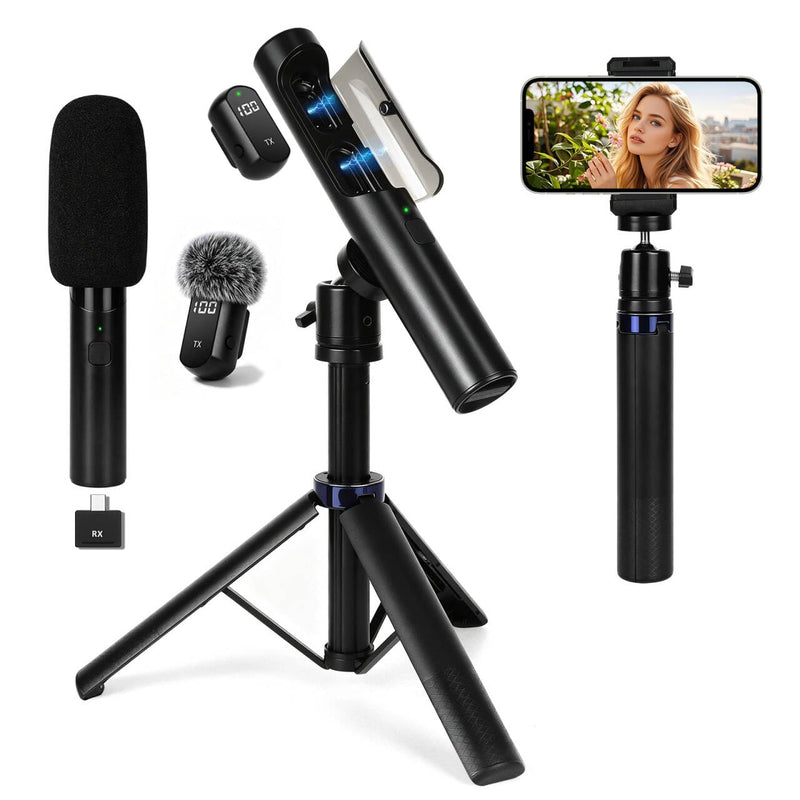 4-in-1 Mini Wireless Lavalier Microphone & Desk Stand,Interview Microphone for iPhone/Android/Tablets,Mini Mic with Charging Case for Podcast,Streaming