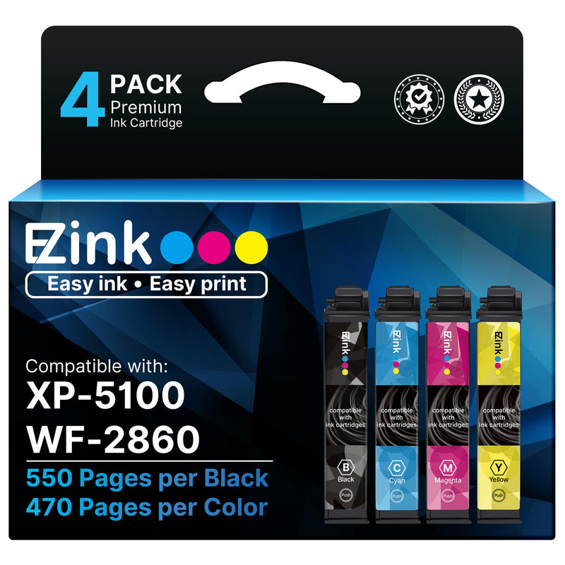 E-Z Ink Remanufactured Replacement for 202XL Ink Cartridges Multipack 4Pack | Compatible for 202 XL ink for Epson Printer Workforce WF-2860 WF2860 WF 2860 Expression Home XP-5100 XP5100 XP 5100 (B/C/M/Y)