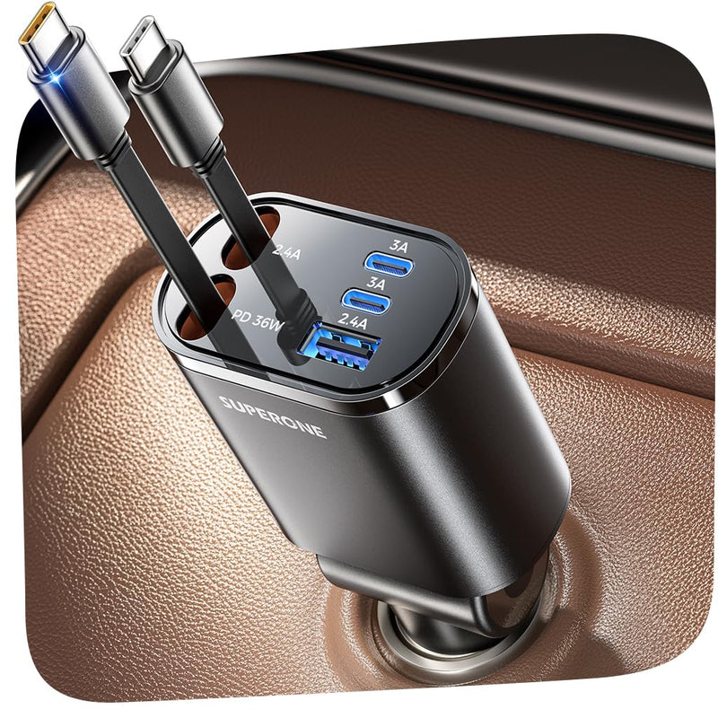5 in 1 Retractable Car Charge with Dual Type C Cables | 90W Fast Charging Car Charger, Ultra-Compact USB C Car Accessories Adapter, for iPhone 17/16/15/14/13/12, Galaxy, iPad, Black
