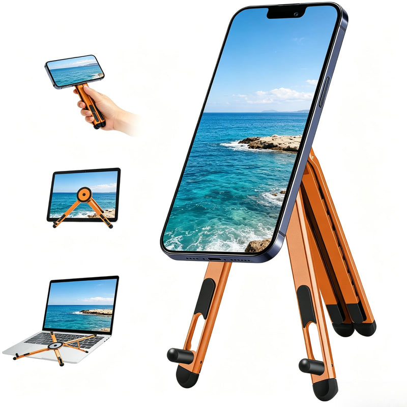 Magnetic Phone Holder & Foldable Laptop Riser, Matte Black Aluminum Multi‑Device Desk Mount, N52 MagSafe Stand, Ergonomic Laptop Elevator for MacBook iPad iPhone Travel Office Orange