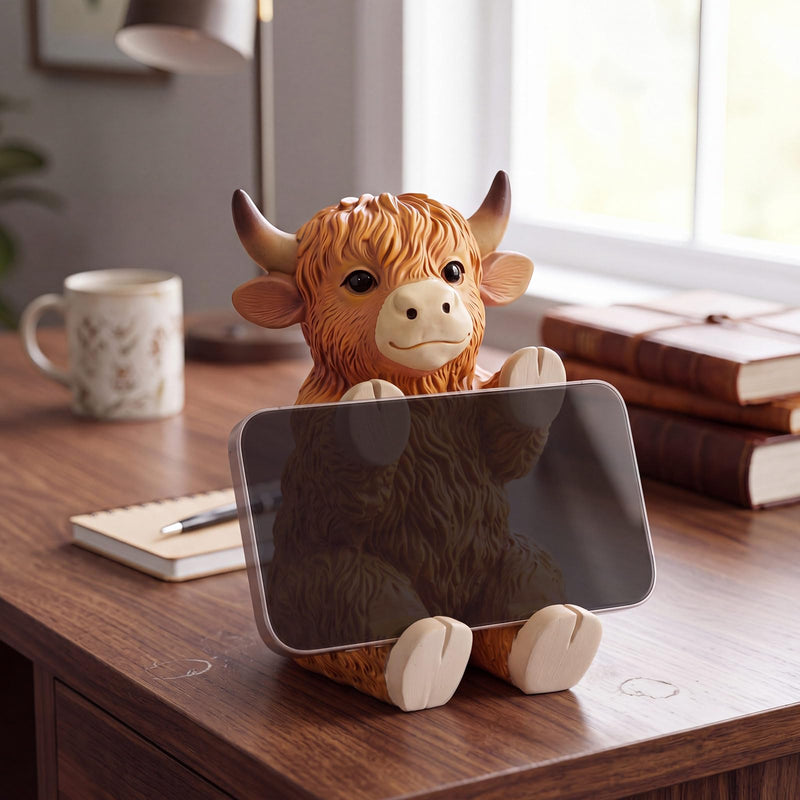Highland Cow Phone Stand for Desk, Resin Cow Figurines Phone Holder | Cute Animal Desktop Statues, Western Cow Desk Accessories with Stable Base for Home Office Table Decor Friends Gifts Brown