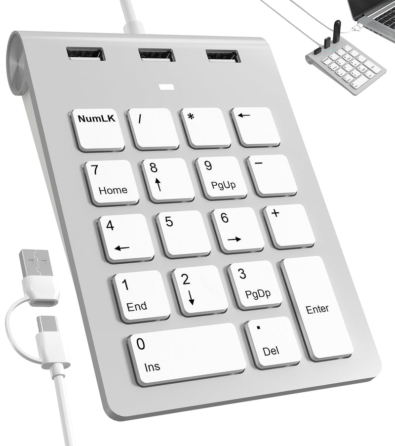 2 in 1 USB & USB-C Number Pad with USB Hub for Laptop/PC, 15° Ergonomic | Wired Numeric Keypad for MacBook/Laptop/Desktop/Surface/iPad, Plug & Play 18 Keys Numpad for Windows, macOS & Chrome OS