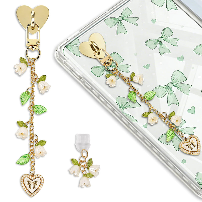 Mantveil E-Reader Charm Chain and Dust Plug Set, Lily of the Valley Flower Pendant Accessories for E-Reader, for Kindle, Nature Lover Gift Gold Lily Valley