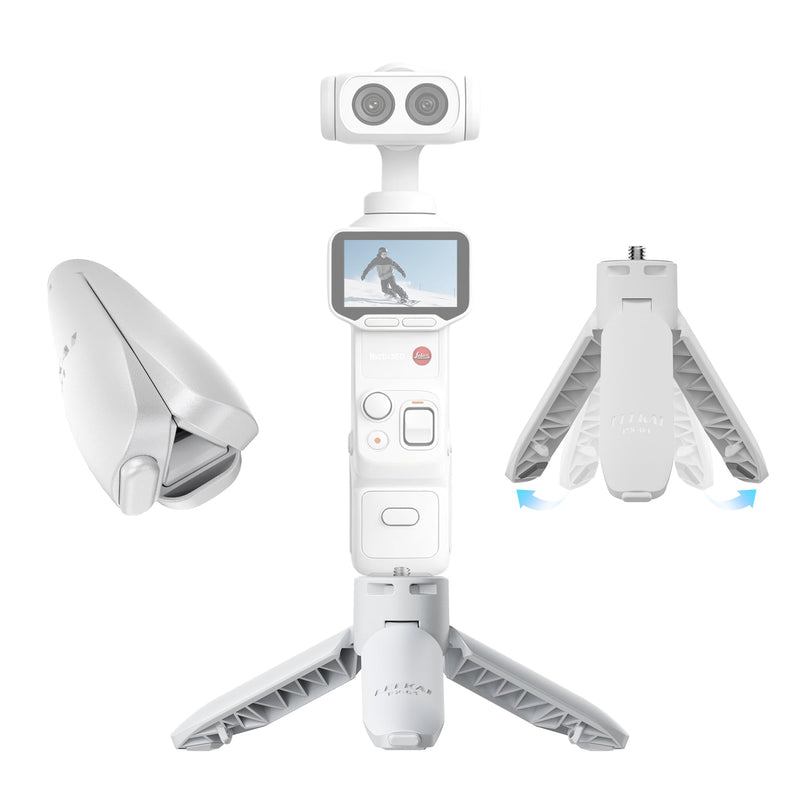0.01S Auto Open Mini Tripod for DJI Osmo Pocket 4P/4/3&Insta360 Luna Ultra | LEEKAI PX01 Automatic Desktop Stand & Grip with 1/4"Screw for Action 6/5 Pro/4/3, Insta360 X5/X4/X3, Gopro, Xtra Muse White 2" Height