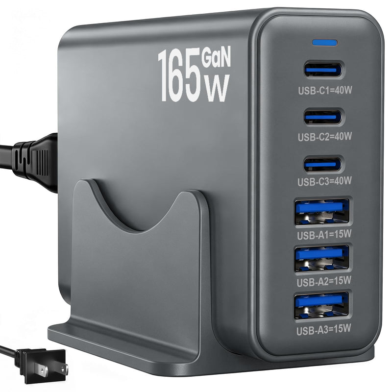 165W Charging Station, 6 Port Desktop Charger, 3 Ports 40W Grey | USB Charger Block, 3 x USB A 15W, 3 x USB C 40W, Compatible with iPhone, Galaxy, MacBook, iPad, Home Office, Travel and More