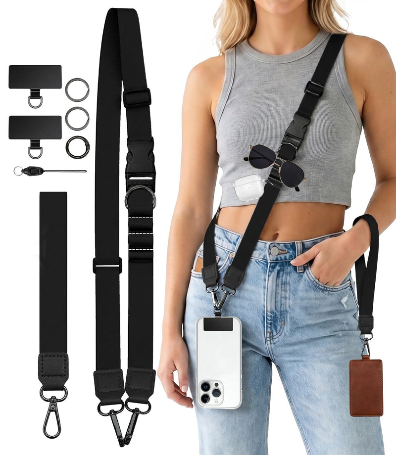 Black Phone Lanyard Crossbody Wrist Neck Strap Adjustable Women | Cell Phone Lanyard for Travel Cruise, Detachable, Hands-free, Cute Wristlet Strap, For Phone Case Keys ID Badge, Accessories Solid Black