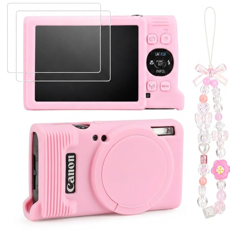 Case for Canon PowerShot ELPH 360 with 2-Pack Screen Protector | Removable Lens Cap Silicone Protective Cover with Cute Charm Wrist Strap for Canon ELPH 360 HS/IXY 650 - Pink Canon PowerShot ELPH 360/IXY 650