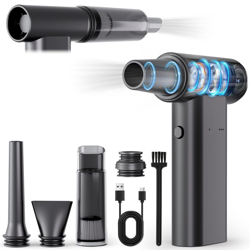 2-in-1 Compressed Air Duster & Car Vacuum Cordless Rechargeable - 160000RPM Electric Air Duster, Aluminum Mini Vacuum Keyboard Cleaner for PC, Computer, House, Outdoor & Car Detailing Supplies Obsidian