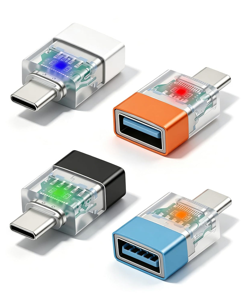 GELRHONR USB to USB C Adapter,USB 3.0 Female to Type C Male OTG Adapter with LED Indicator,Compatible with CarPlay, Smartphones, Tablets and PC,4 Pack USB F to Type C M