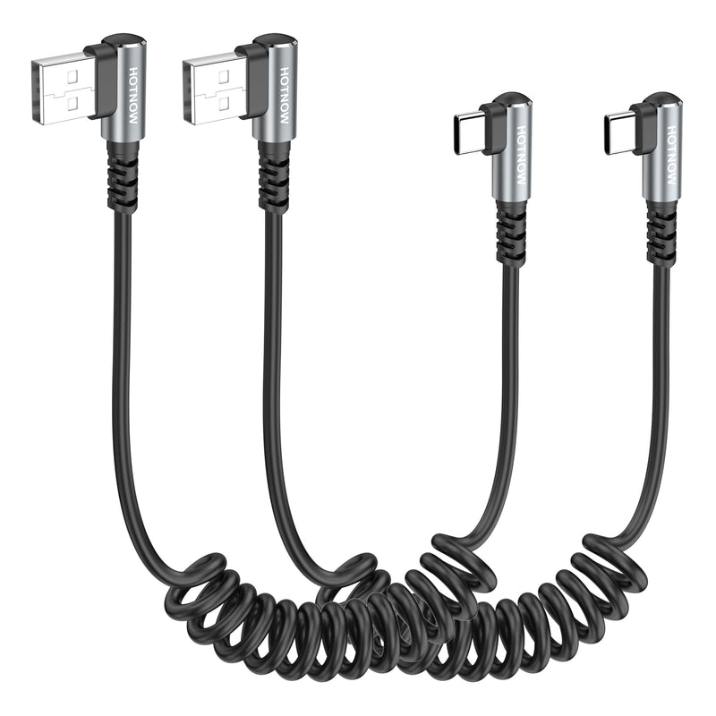 Short Right Angle Coiled USB A to USB C Cable 0.6ft-1ft 2 Pack, for Car | Stretchable USB C 90 Degree Cable, 3A Fast Charging, For CarPlay, Android Auto, iPhone 17 16, Power Bank, USB-C Devices Black 1FT