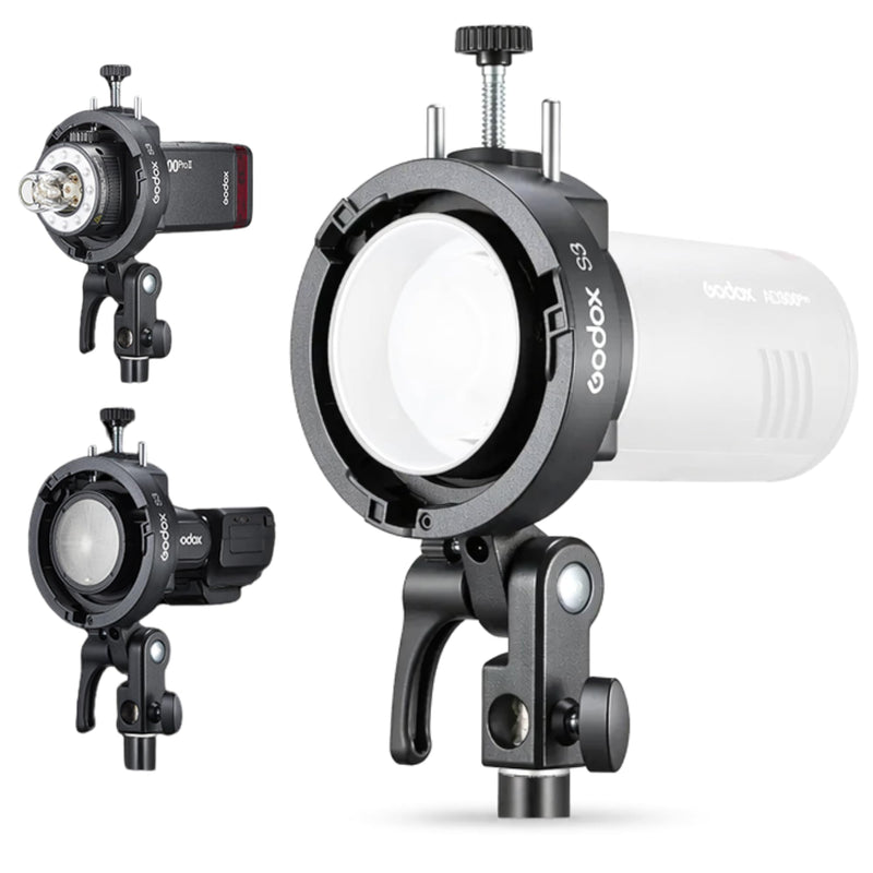 Godox S3 Speedlite Flash Bracket for Camera Flash, S-Type Bowens Mount Adapter with Umbrella Holder, Quick Setup Bracket for Softbox, Beauty Dish and Studio Lighting Godox Flash S3