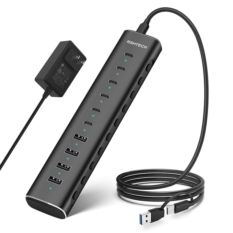 RSHTECH 10-Port Powered USB C 3.2 Hub 60W with 10Gbps USB 3.2 Ports(6C+4A) | Individual ON/OFF Switches, 3.3ft Detachable Cable, Aluminum USB Extender Hub for Laptop PC, RSH-H10C6