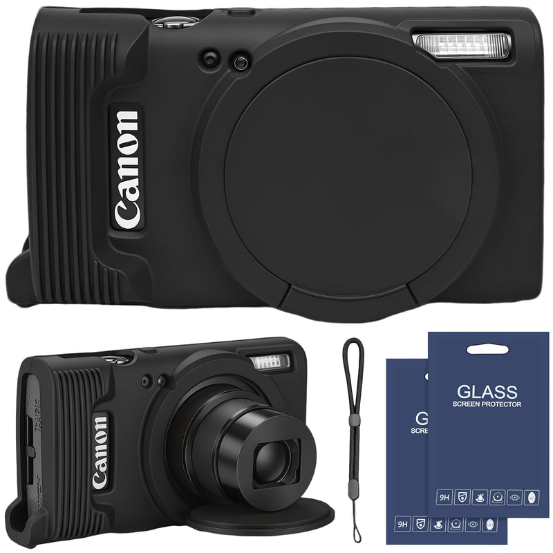 Case for Canon PowerShot ELPH 360 HS/IXY 650/IXUS 285 HS Camera | Soft Silicone Protective Case Removable Lens Cover,Comes with 2 Screen Protectors and 1 Wrist Strap (Black) Black