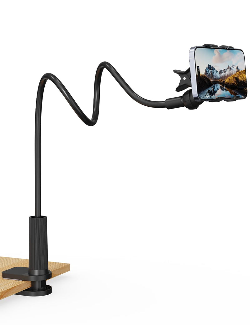 Phone Holder for Bed, Gooseneck Phone Holder for Desk Bedside Table, Flexible Gooseneck Long Arm Stand with Adjustable 360°Cell Phone Mount Clamp Clip for iPhone and All 4-7" Phone